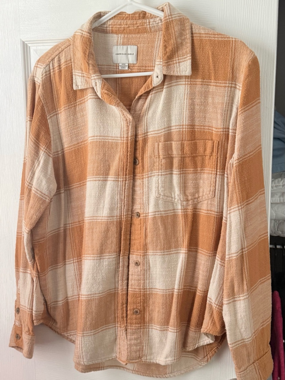 American Eagle Outfitters Orange and Cream Plaid Button-Down Shirt
